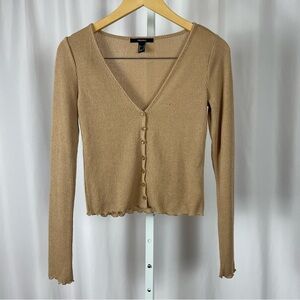 NWOT Forever 21 Medium Y2K Waffle Knit Crop Cardigan Lettuce Hem Camel Neutral